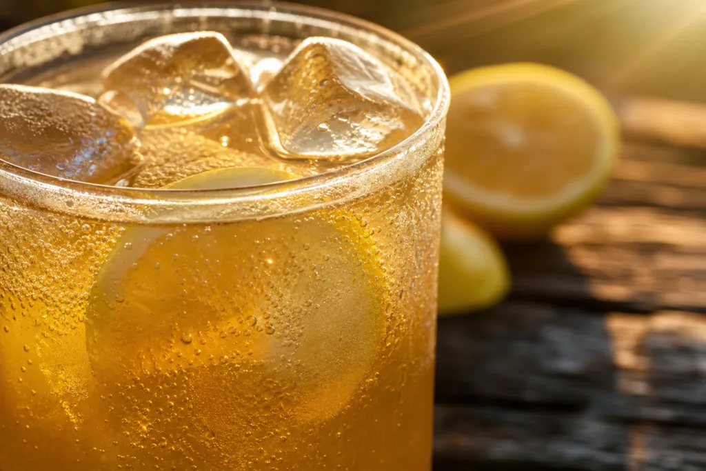 Verre de limonade fermentée pétillante avec citron et glaçons en été