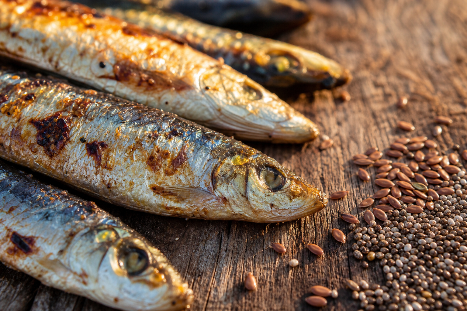 Oméga-3 sources alimentaires : poissons gras, graines et huiles sur une table