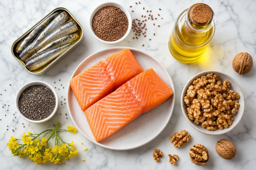 Sources alimentaires d'oméga-3 poissons gras graines et huiles sur table