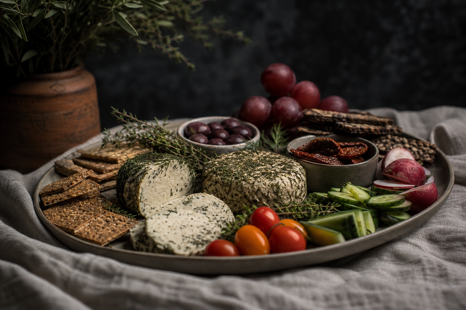 faux-mage de cajou fermenté sur plateau apéritif avec herbes