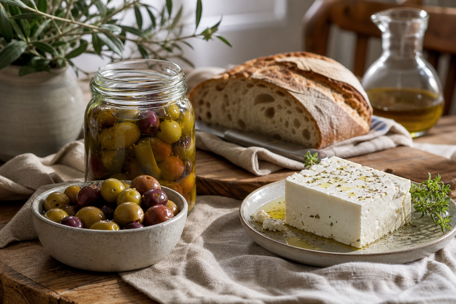 Aliments du régime méditerranéen fermentation sur table rustique