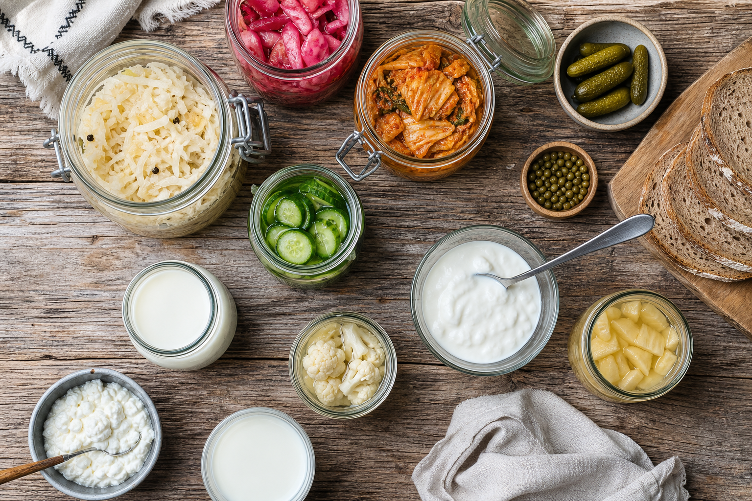 Aliments fermentés pour la fertilité microbiote santé intestinale sur une table