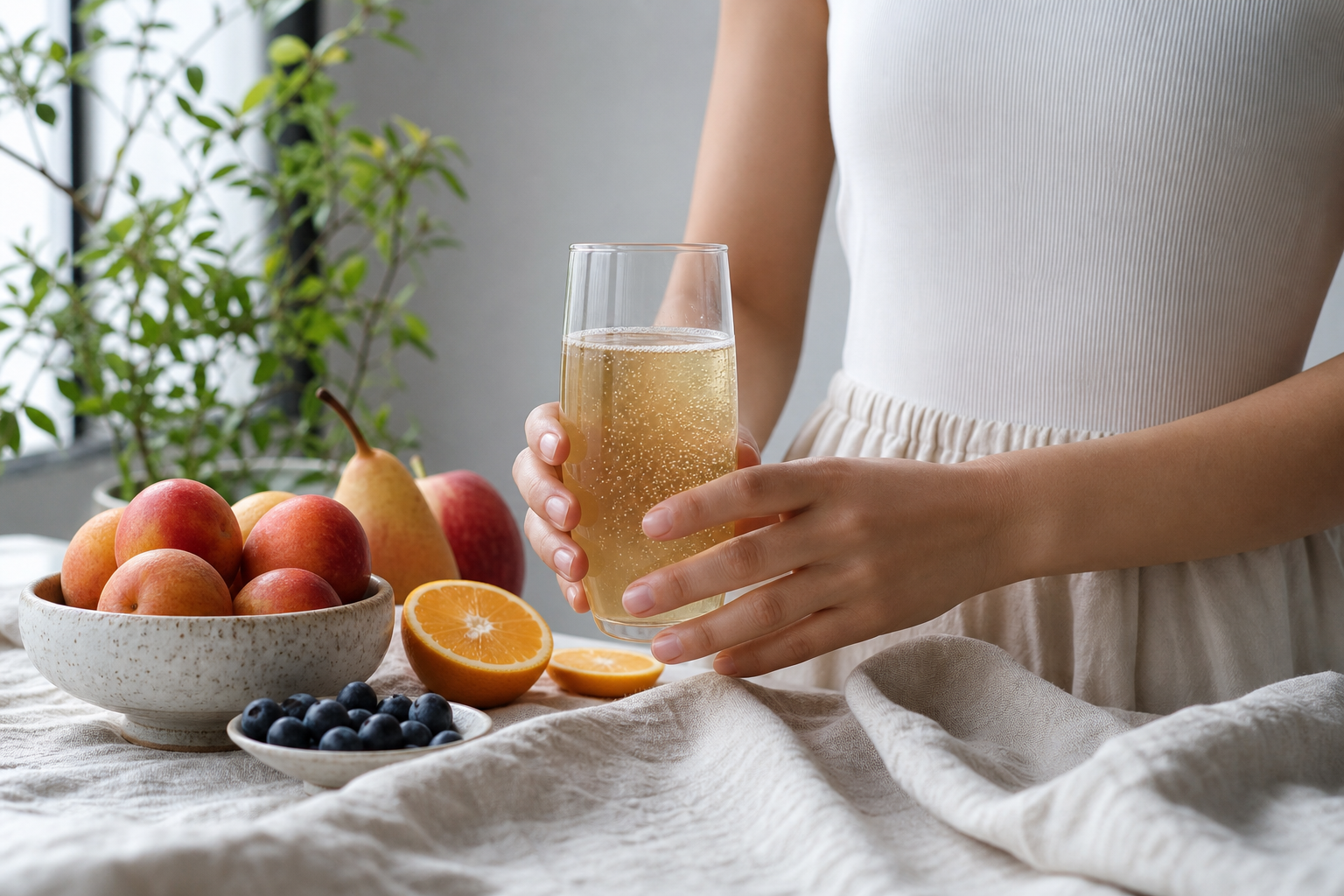 routine anti-inflammatoire avec fruits frais et boisson fermentée
