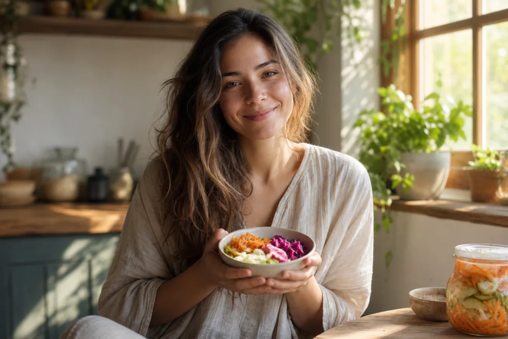 Femme sereine illustrant le lien stress intestin microbiote
