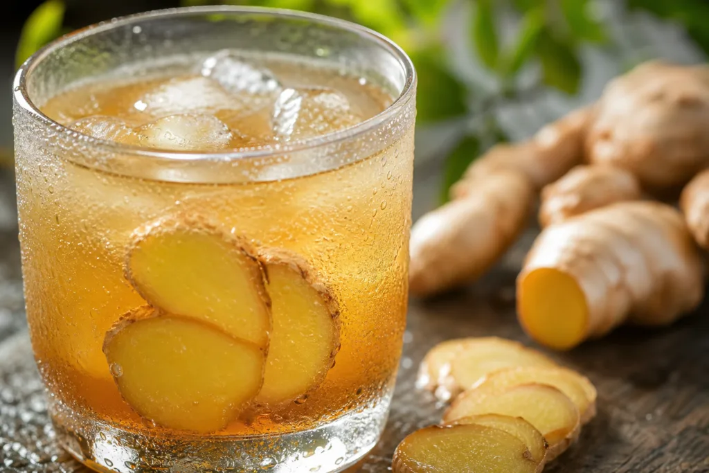 Switchel boisson fermentée recette servie fraîche dans un verre givré avec gingembre