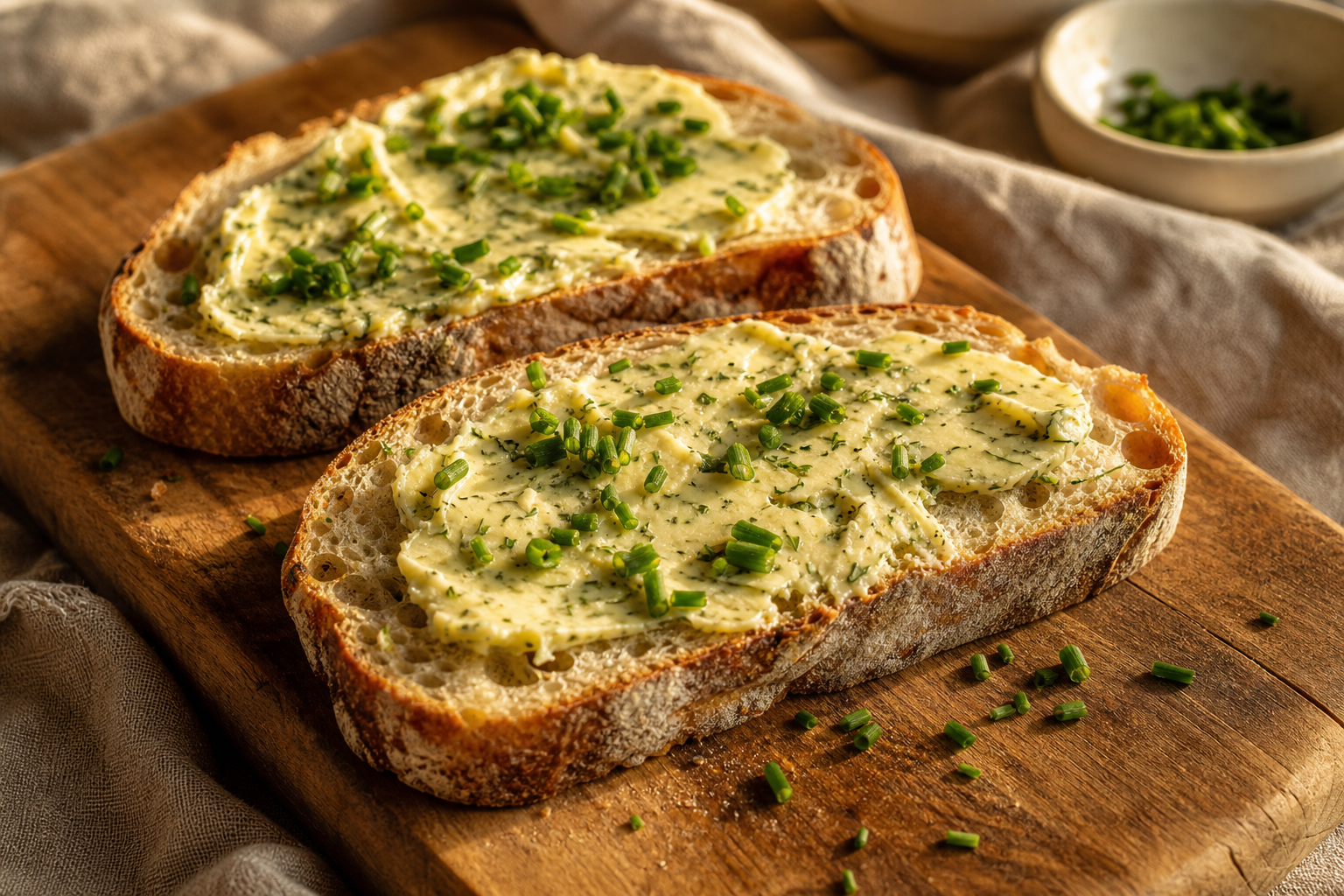 Tartines de pain de campagne avec beurre fermenté maison et herbes